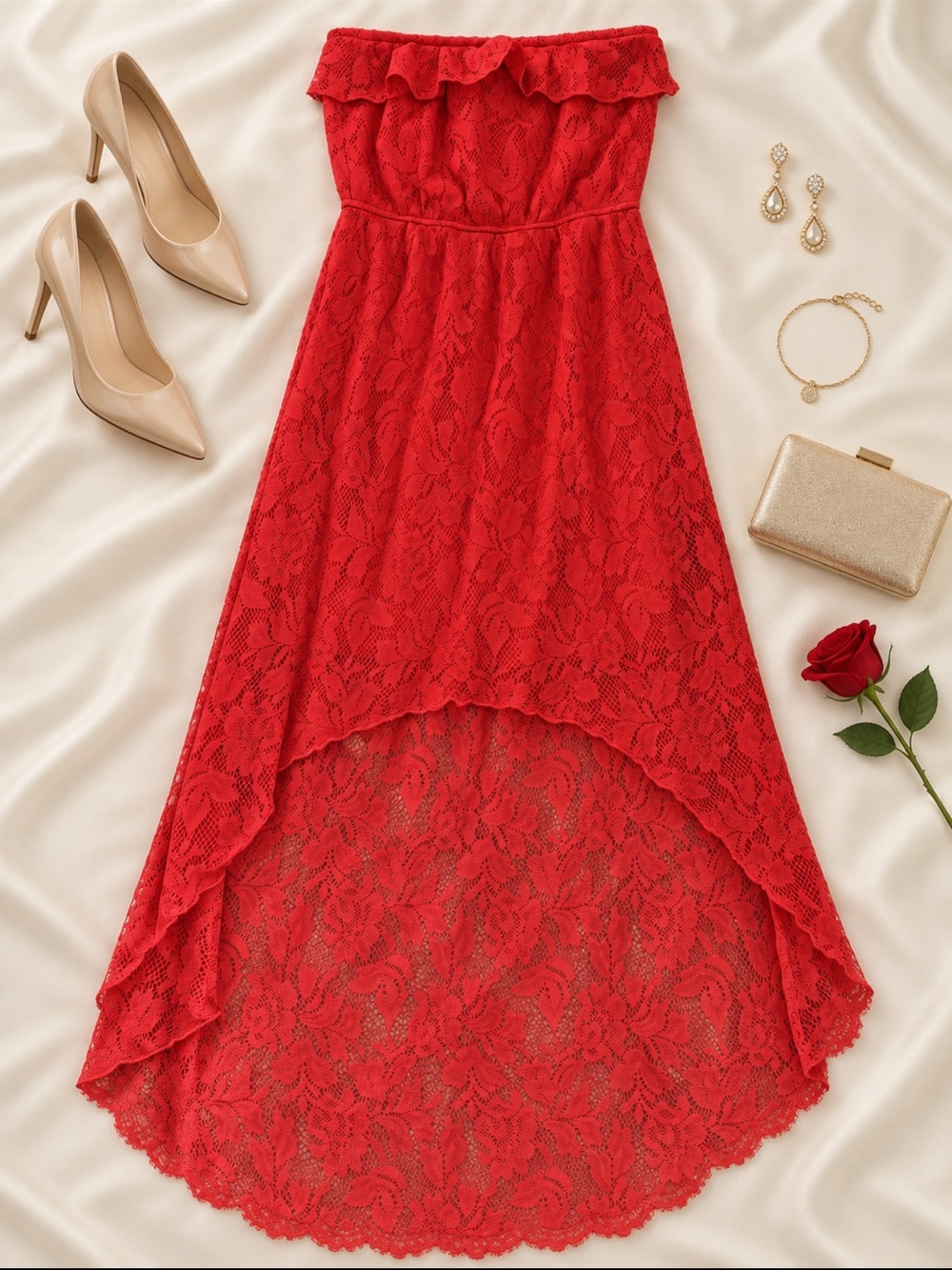 Trixxi Red Strapless Lace Hi-Low Dress